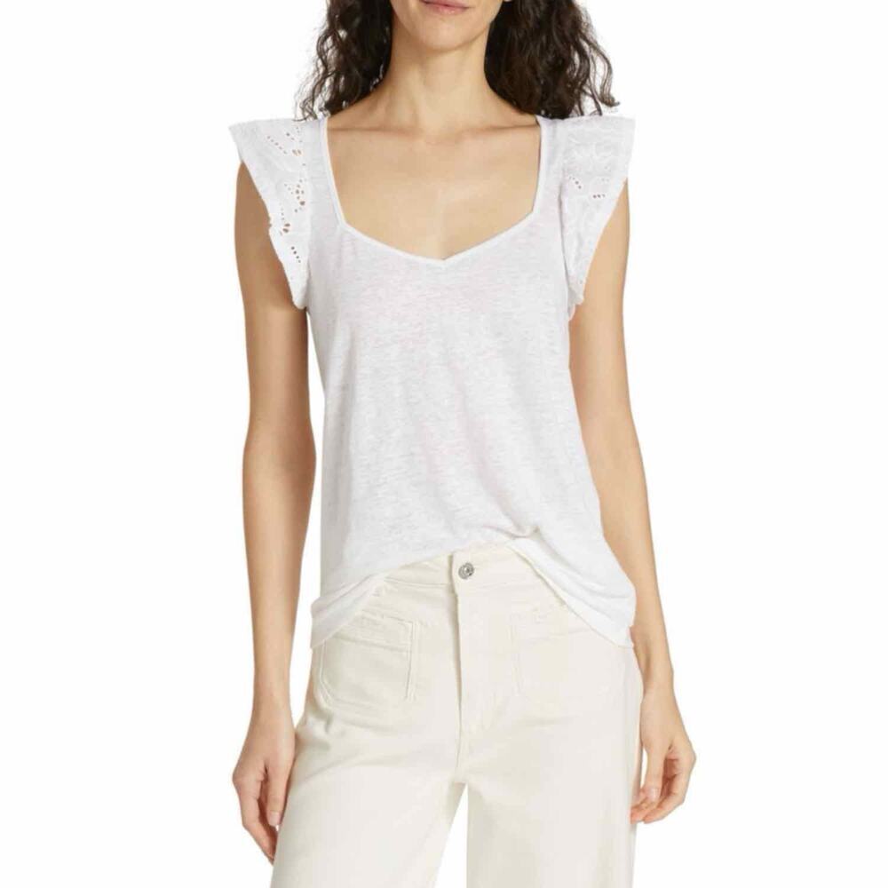 PAIGE Giulia Eyelet Flutter Sleeve Lightweight Slightly Sheer  Linen Top Medium